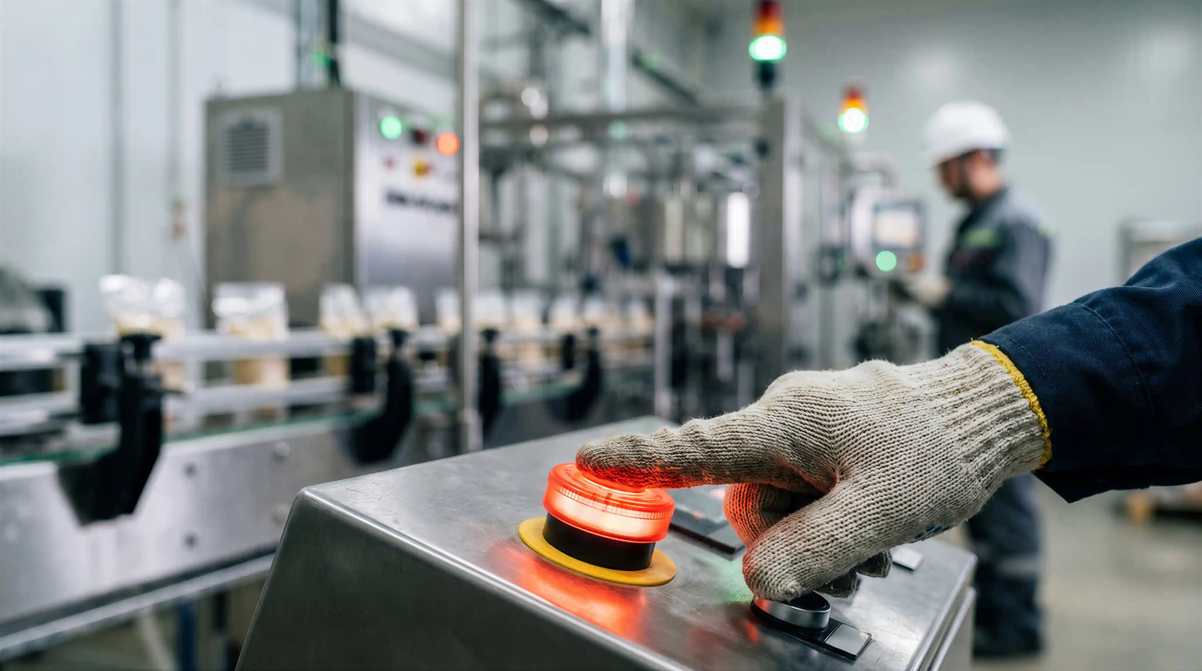 Worker pressing an emergency stop button on an automated production line.