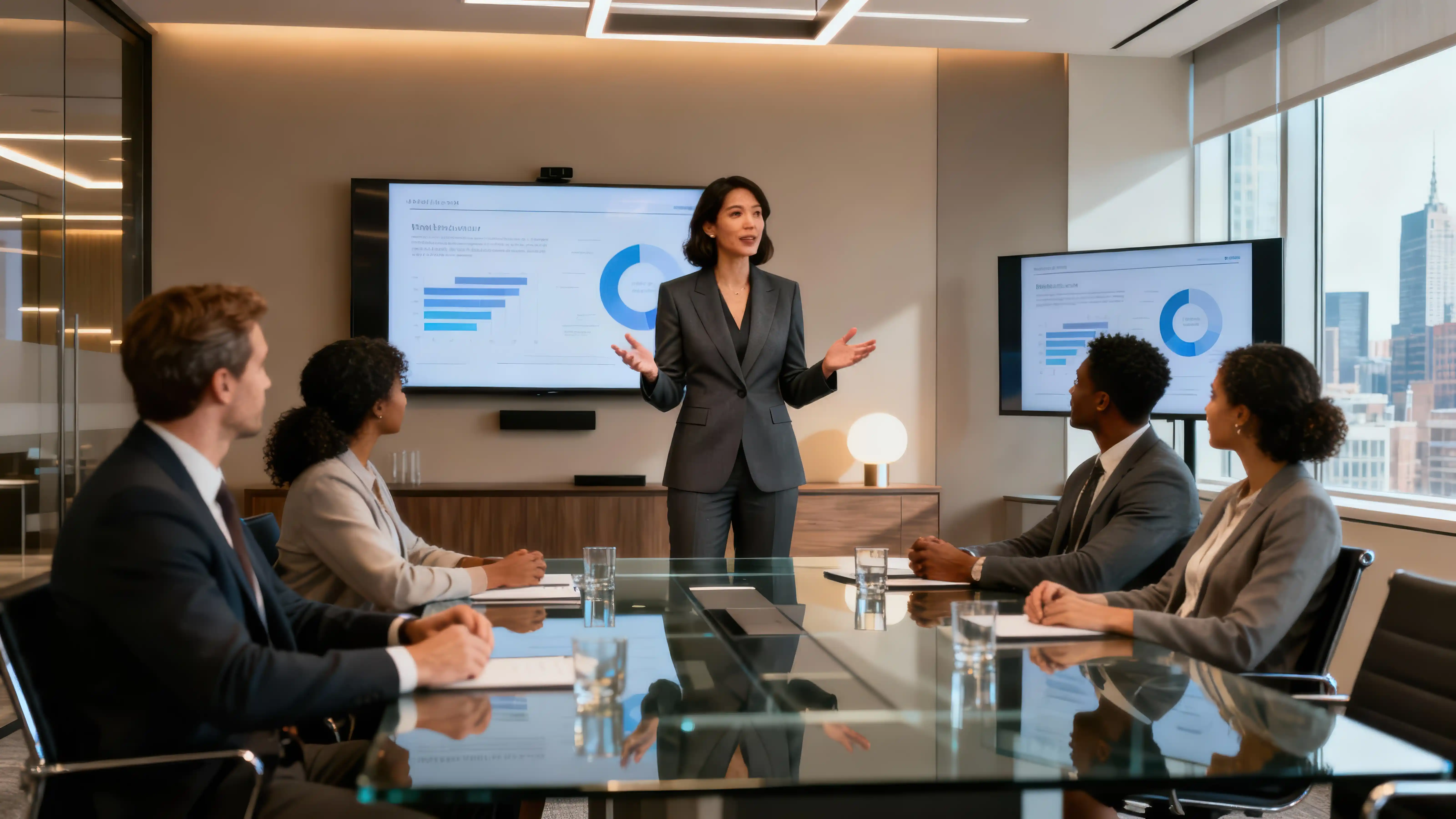 Leader presents data in team meeting.