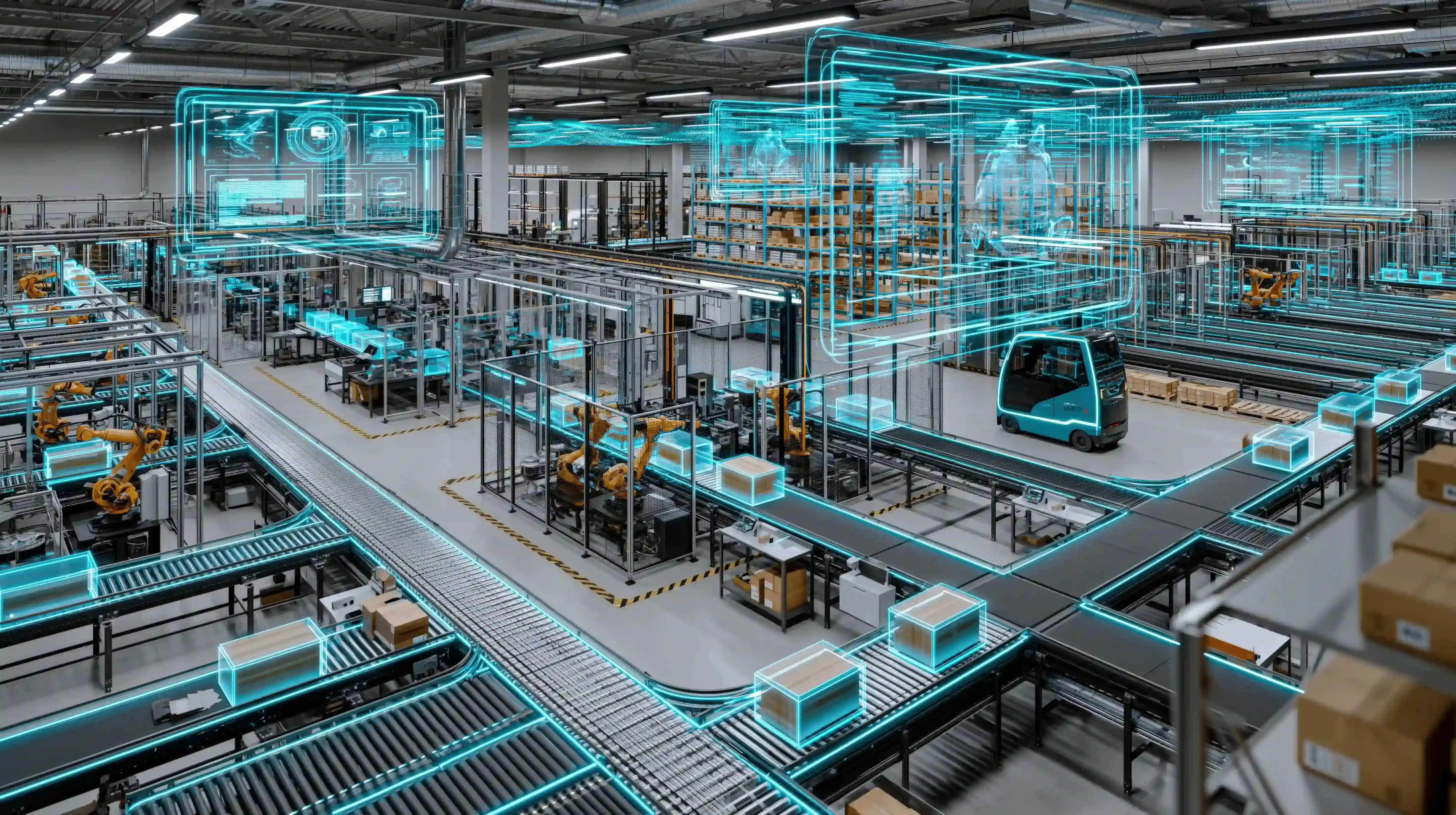 Digital elements overlap a real working operations factory.